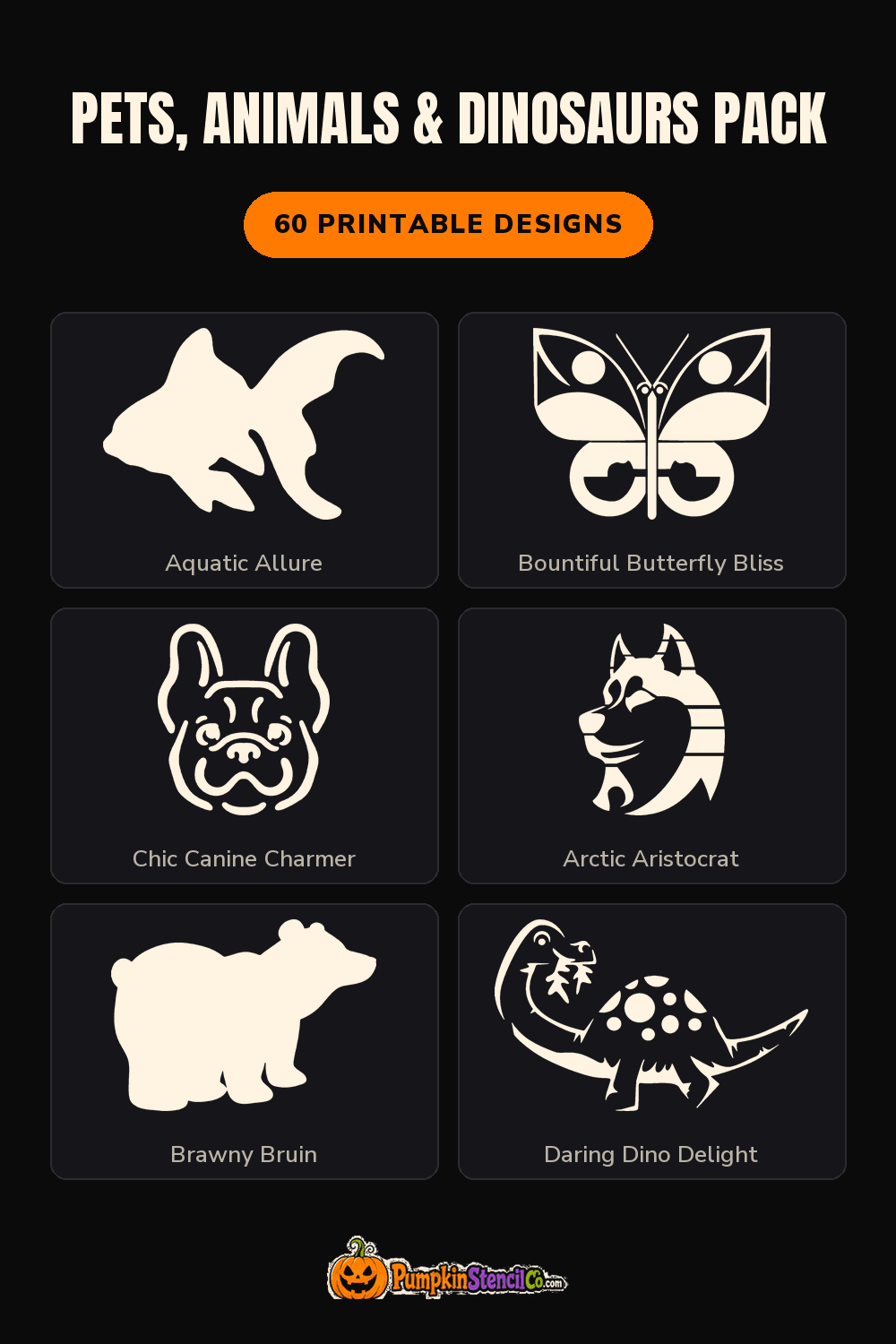 Six designs from the Pets, Animals and Dinosaurs pack: a goldfish, a butterfly, a French bulldog, a husky, a bear and a dinosaur